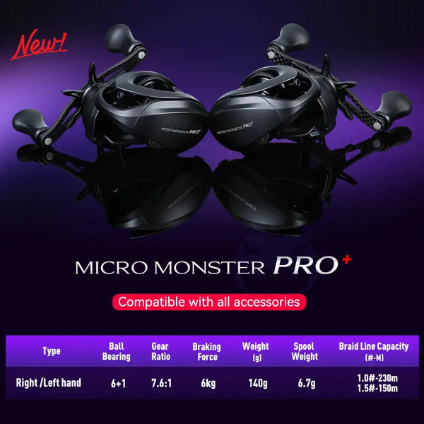 Pair of black baitcasting fishing reels with purple accents and dual crank handles