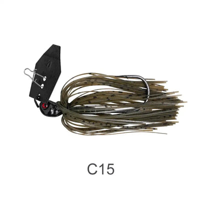 Chatterbait bladed jig with dark olive skirt, black blade, red-and-black eye, treble hooks
