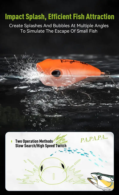 Orange floating micro popper lure with front single hook splashing water