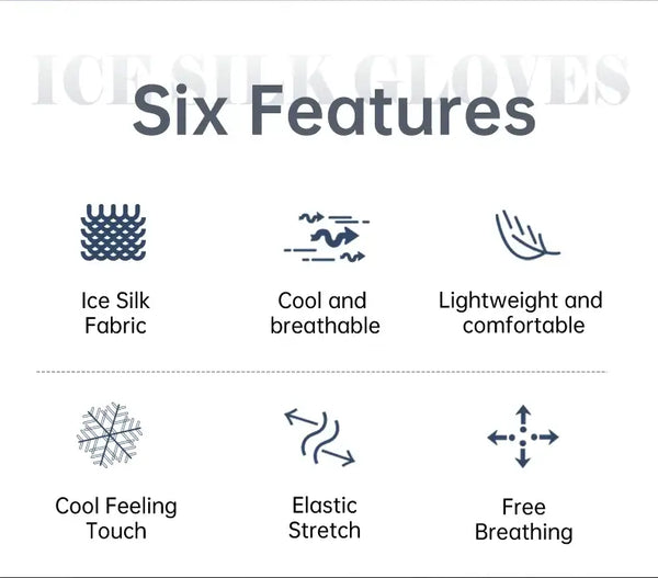 Ice silk glove infographic with six feature icons: cooling, breathability, stretch
