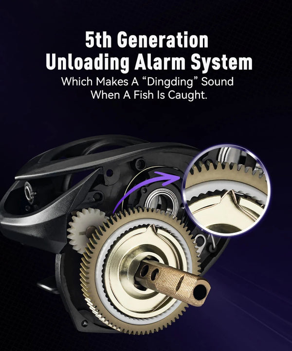 Baitcasting reel internals with exposed golden gears and black casing