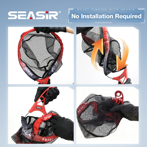 Foldable fishing net with red rim and black mesh, shown in multiple folding steps