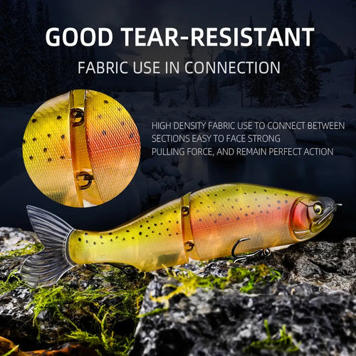 Floating jointed minnow wobbler in yellow back with black spots and orange tail base