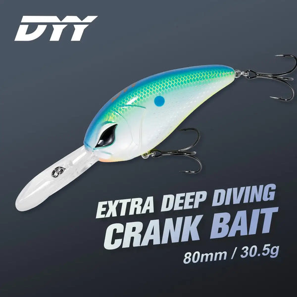 Turquoise-and-white deep diving crankbait with treble hooks and front diving lip