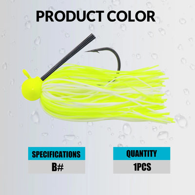 Chatterbait-style jig with neon lime skirt and black jig head