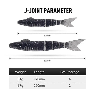 Jointed soft swimbait lure, two sizes shown with length markers 170mm and 220mm