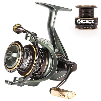 Tsurinoya JAGUAR spinning reel, black and silver frame with gold handle knob