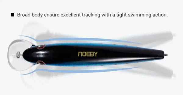 Shallow trolling minnow lure, black body with blue stripe and NOEBY lettering