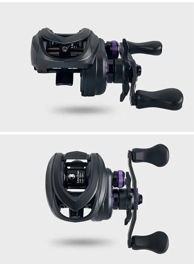 Black baitcasting reel with two handles and purple spool rim accents