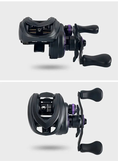 Black baitcasting reel with two handles and purple spool rim accents