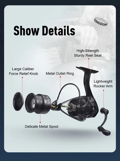 Spinning fishing reel with baitcasting spool, metal spool detail, and handle visible