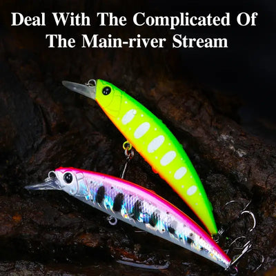 Sinking minnow hard bait set: bright green and purple wobbling lures with treble hooks