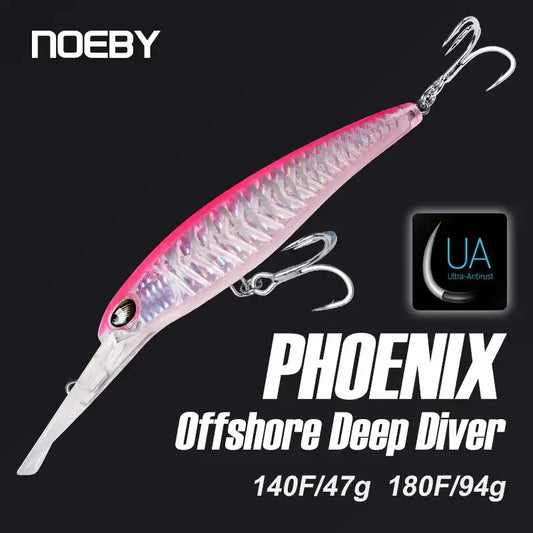 Noeby Phoenix offshore deep diver trolling minnow lure, pink-silver with treble hooks