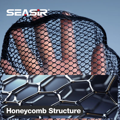Black fishing net with honeycomb structure and hoop frame, close-up view
