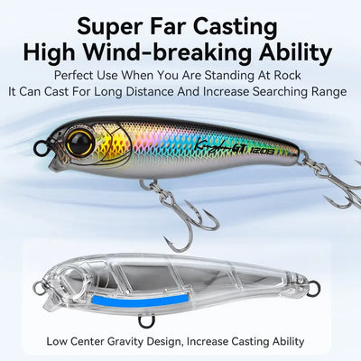 Saltwater pencil lure with holographic scales, yellow gill face, clear side body view