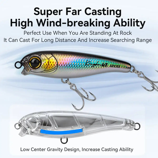 Saltwater pencil lure with holographic scales, yellow gill face, clear side body view