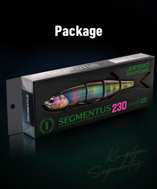 Segmented fishing lure in retail box with iridescent rainbow scale body