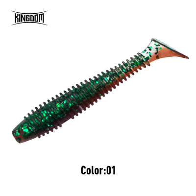 Soft plastic fishing lure in green and copper glitter with spotted body