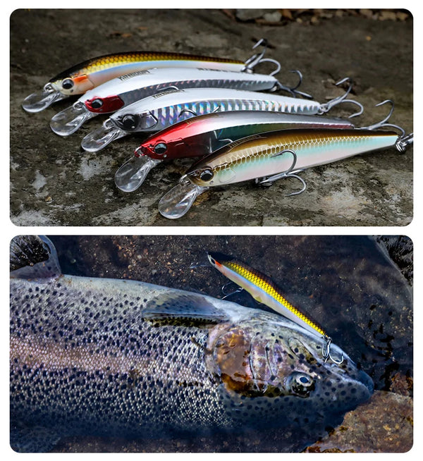 Diving minnow lures on rocks in silver, red, and blue-green with treble hooks