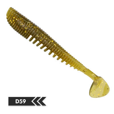 Gold-yellow silicone fishing lure, glitter specks and tapered paddle tail