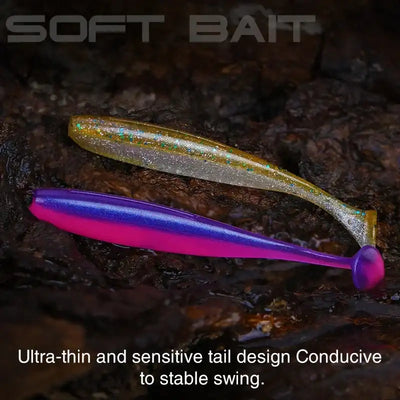 Soft plastic shad lure pair, glitter green and purple, with T-tail ends.
