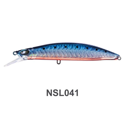 Floating minnow jerkbait with blue body, orange-pink lateral stripe, black dots