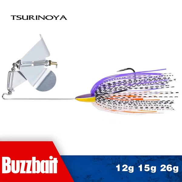 Topwater buzzbait with silver blades and purple, orange, and white spinner skirt