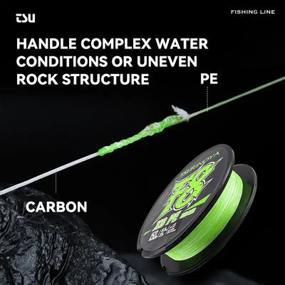 Green PE braided fishing line strand with green spool on rocky water background