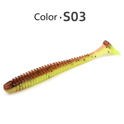 Soft paddle-tail swimbait lure, brown-to-yellow gradient with speckles (Color S03).