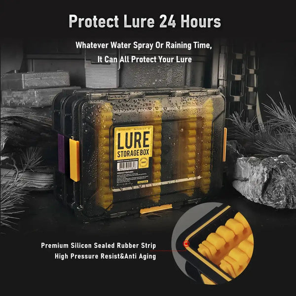 Waterproof lure storage box with black frame, yellow translucent lid, and sealed edges