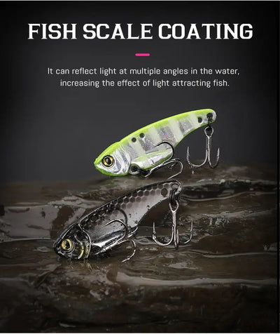 Luminous green and silver tsurinoya ares-a metal vib fishing lure with reflective scale coating and dual line-tie design