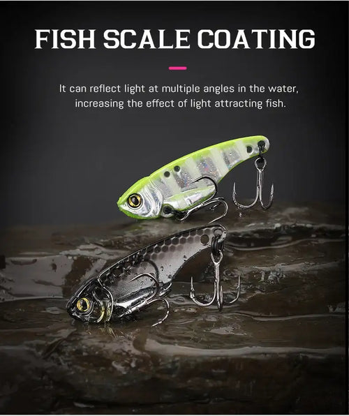 Luminous green and silver tsurinoya ares-a metal vib fishing lure with reflective scale coating and dual line-tie design