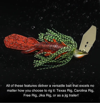 Orange and green speckled shrimp soft lure with ribbed body and forked legs