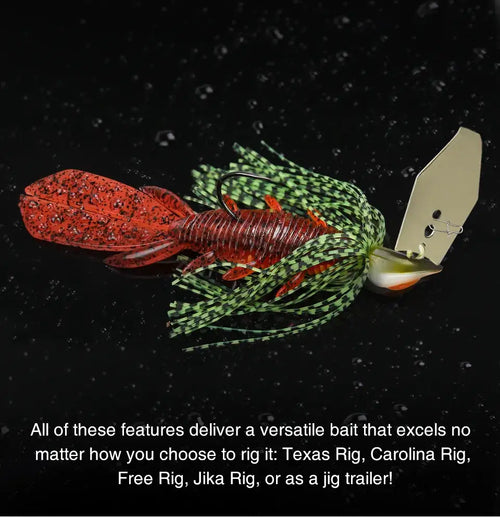 Orange and green speckled shrimp soft lure with ribbed body and forked legs