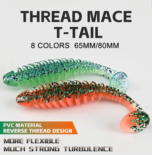 Green-and-orange paddle T-tail soft plastic lure, 65mm/80mm, speckled paddle