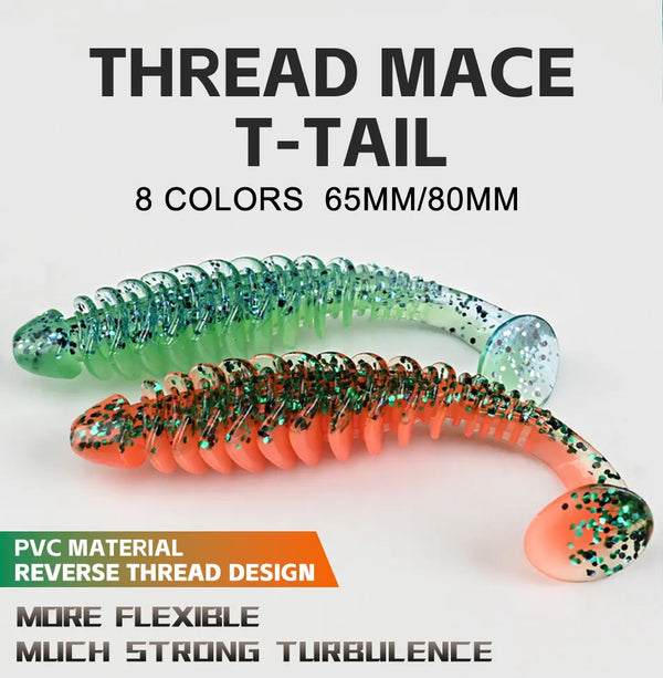 Green-and-orange paddle T-tail soft plastic lure, 65mm/80mm, speckled paddle