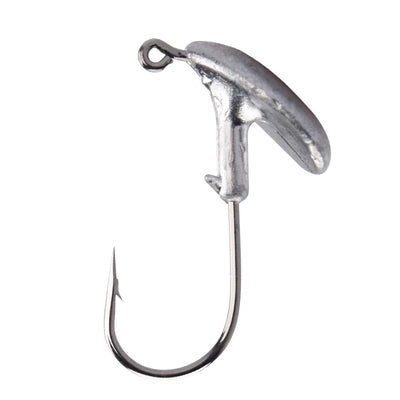 Single jig head fishing hook, silver metal, round eye and barbed point