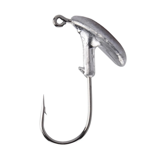 Single jig head fishing hook, silver metal, round eye and barbed point