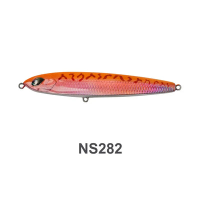 Orange hard stickbait with pink belly, 3D eye and metal rings, NS282.