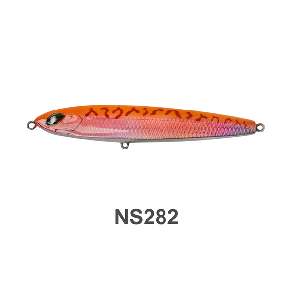 Orange hard stickbait with pink belly, 3D eye and metal rings, NS282.