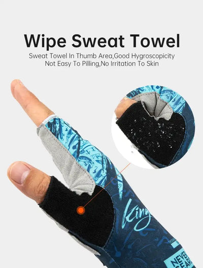 Blue and gray half-finger ice silk fishing glove with thumb wipe-towel patch