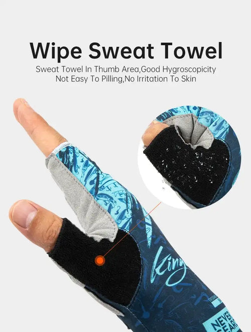 Blue and gray half-finger ice silk fishing glove with thumb wipe-towel patch