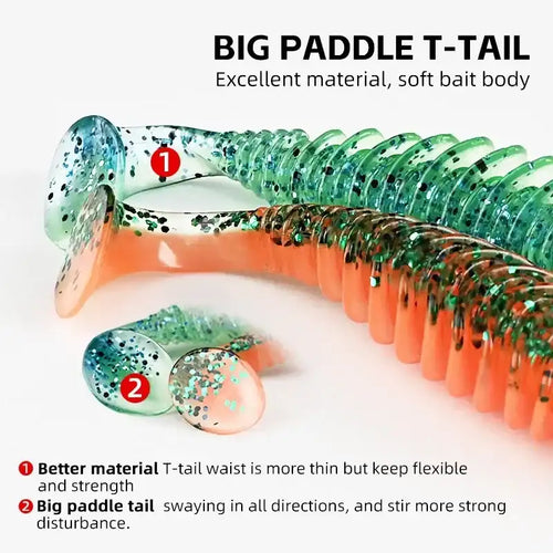 Green and orange paddle T-tail soft plastic lure with speckled paddle