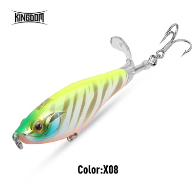 Floating topwater fishing lure, lime green and white, rotating tail, treble hooks
