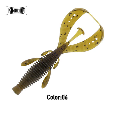 Soft shrimp fishing lure in olive green with yellow accents and white speckles, worm-style