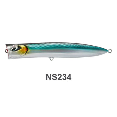Slim floating wobbler lure, turquoise body with white belly, yellow-green head and hooks