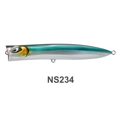 Slim floating wobbler lure, turquoise body with white belly, yellow-green head and hooks