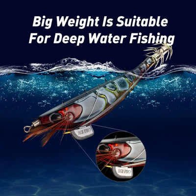 Silver sinking squid jig lure with red-orange bait detail and wire tentacle hooks