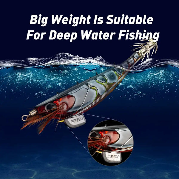 Silver sinking squid jig lure with red-orange bait detail and wire tentacle hooks