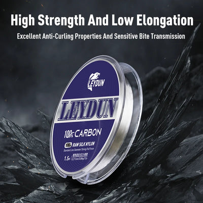 Carbon line spool with clear fluorocarbon leader and blue 100% carbon label